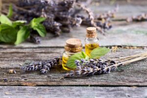 Two glass bottles of essential oil surrounded by lavender sprigs and green leaves on a rustic wooden surface.
