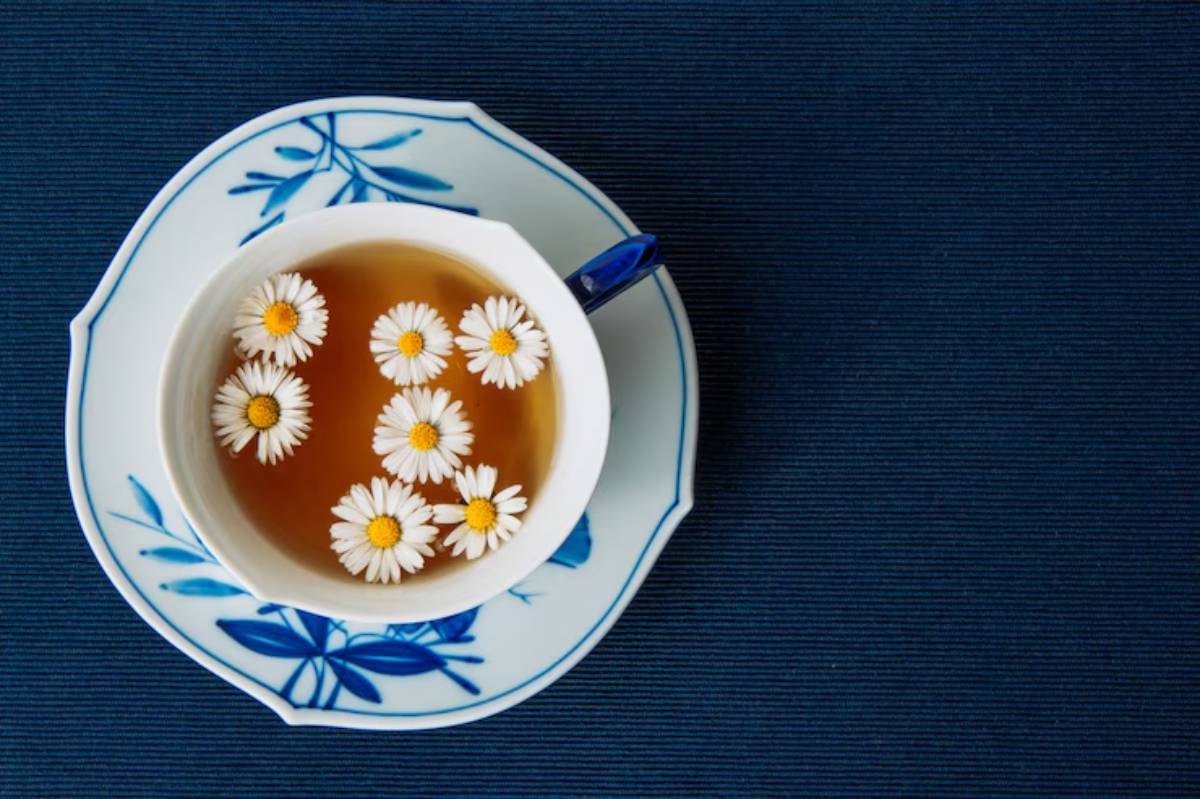 A delicate cup of tea adorned with daisies floats atop an elegant blue plate, set against a textured navy background.