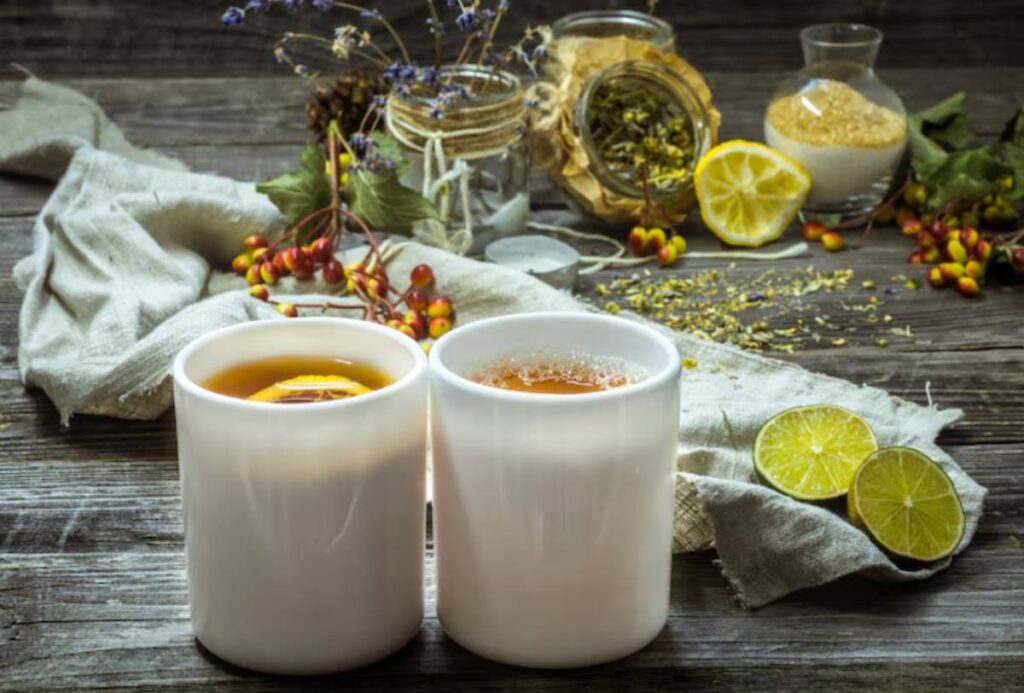 Two stylish white cups filled with tea, garnished with lemon slices, surrounded by herbs and decorative ingredients on a wooden table.