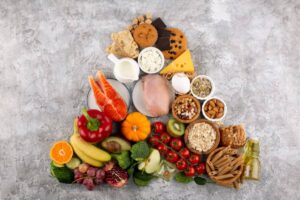 A colorful arrangement of healthy foods, including fruits, vegetables, protein, grains, and dairy on a textured gray surface.